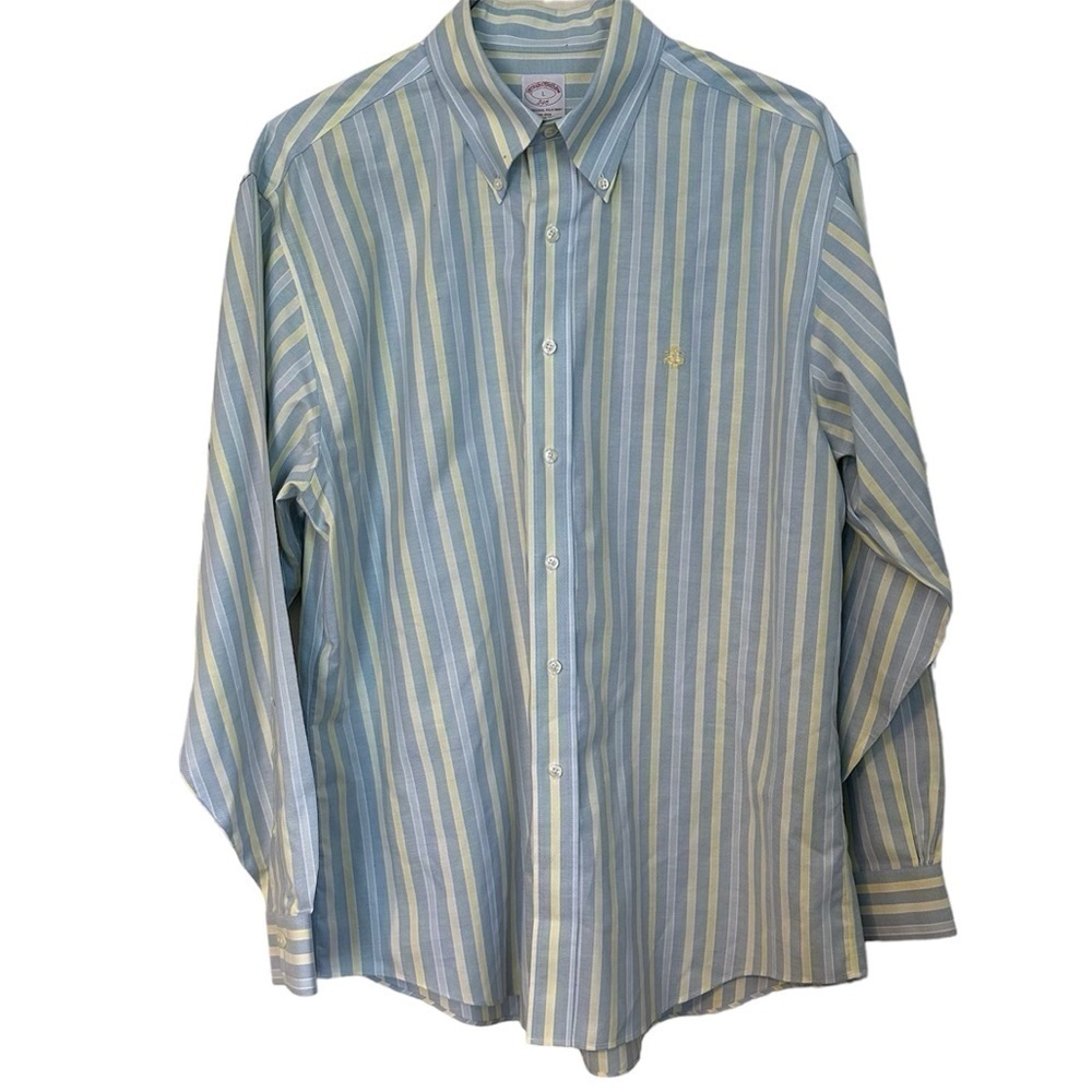 Brooks Brothers Button Down Shirt Pastel Yellow & Blue Striped Non Iron Size L